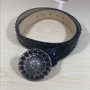 Cache Black Leather Studded Belt with Rhinestone Buckle